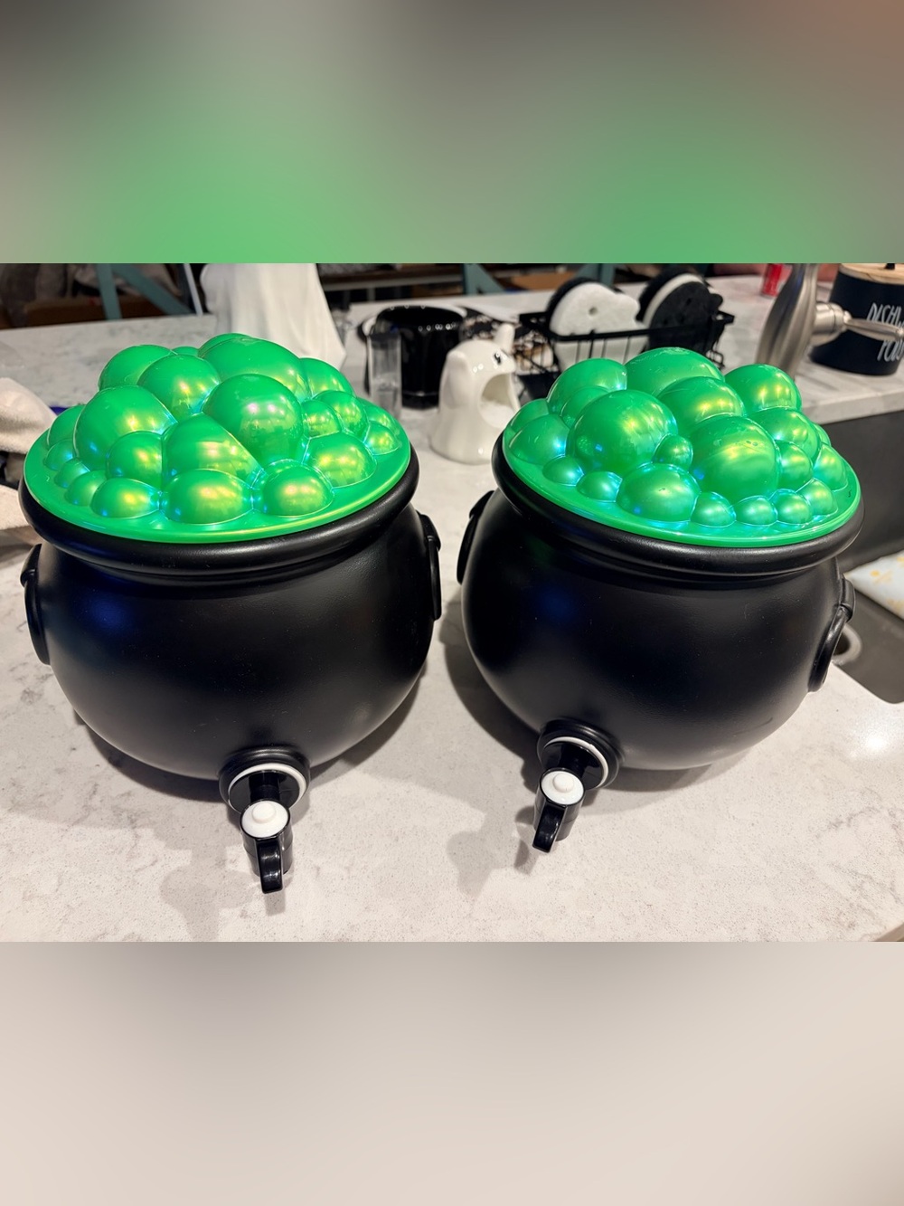 Black Cauldron Beverage Dispenser with Green Bubble Lid